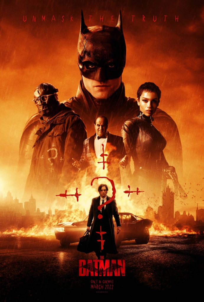 Warner Bros. has just released a new poster to advertise their upcoming movie, The Batman. The poster features Robert Pattinson, who will play the character, Bruce Wayne, in the front. His alter ego, Batman, is in the midground, surrounded by other central characters in the film: The Riddler (played by Paul Dano), The Penguin (played by Colin Farrell), and Catwoman (played by Zoe Kravitz).