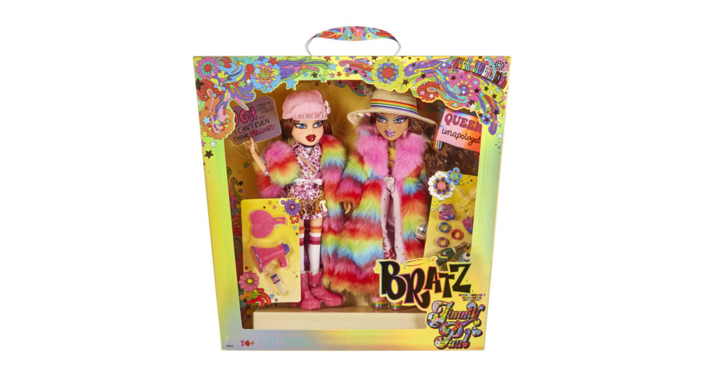 World-renowned LGBTQ designer Jimmy Paul designed the dolls’ outfits, making them as stylish as ever. The pink lip-print dress and platform boots stay true to the original style, while the furry rainbow boa and coat add an extra spark.