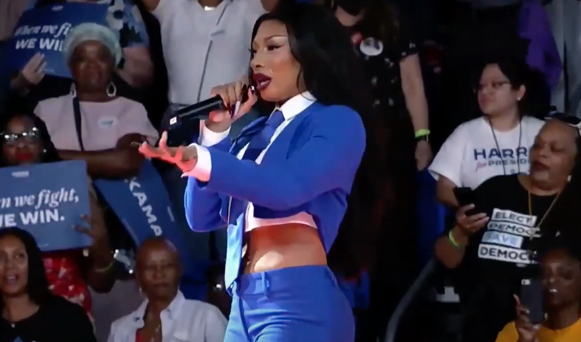 Megan Thee Stallion performed at Kamala Harris’ campaign rally in Atlanta. She performed several songs, including “Savage,” “Mamushi,” and “Body.”